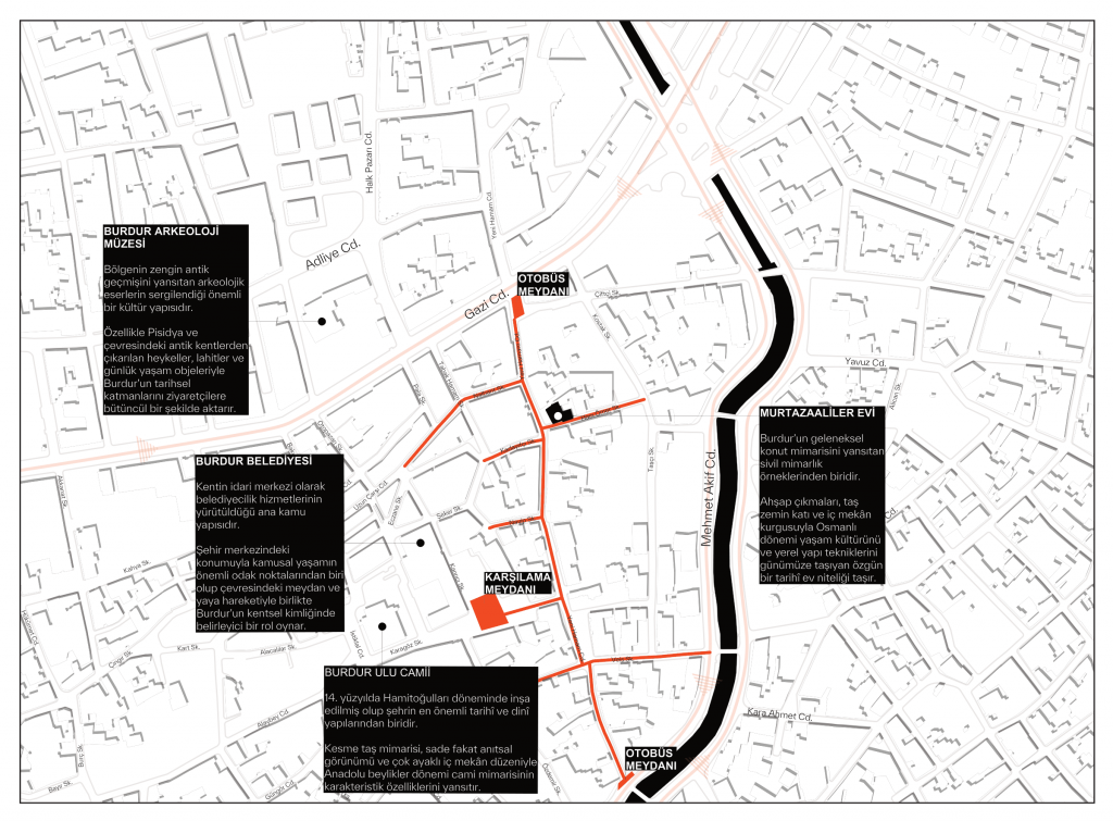 Tarihi çarşı, Yeni Hamam Caddesi ve yapının kent dokusundaki yeri — 1/2000 yaklaşım diyagramı